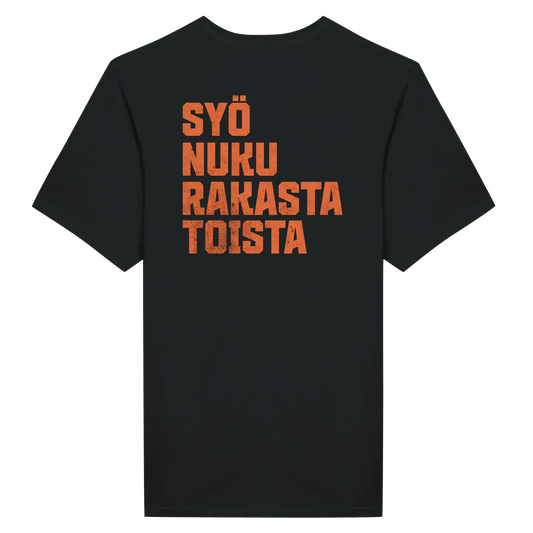 Syö, Nuku, Rakasta, Toista - Miesten T - paita (printti selässä) - Mun Paita